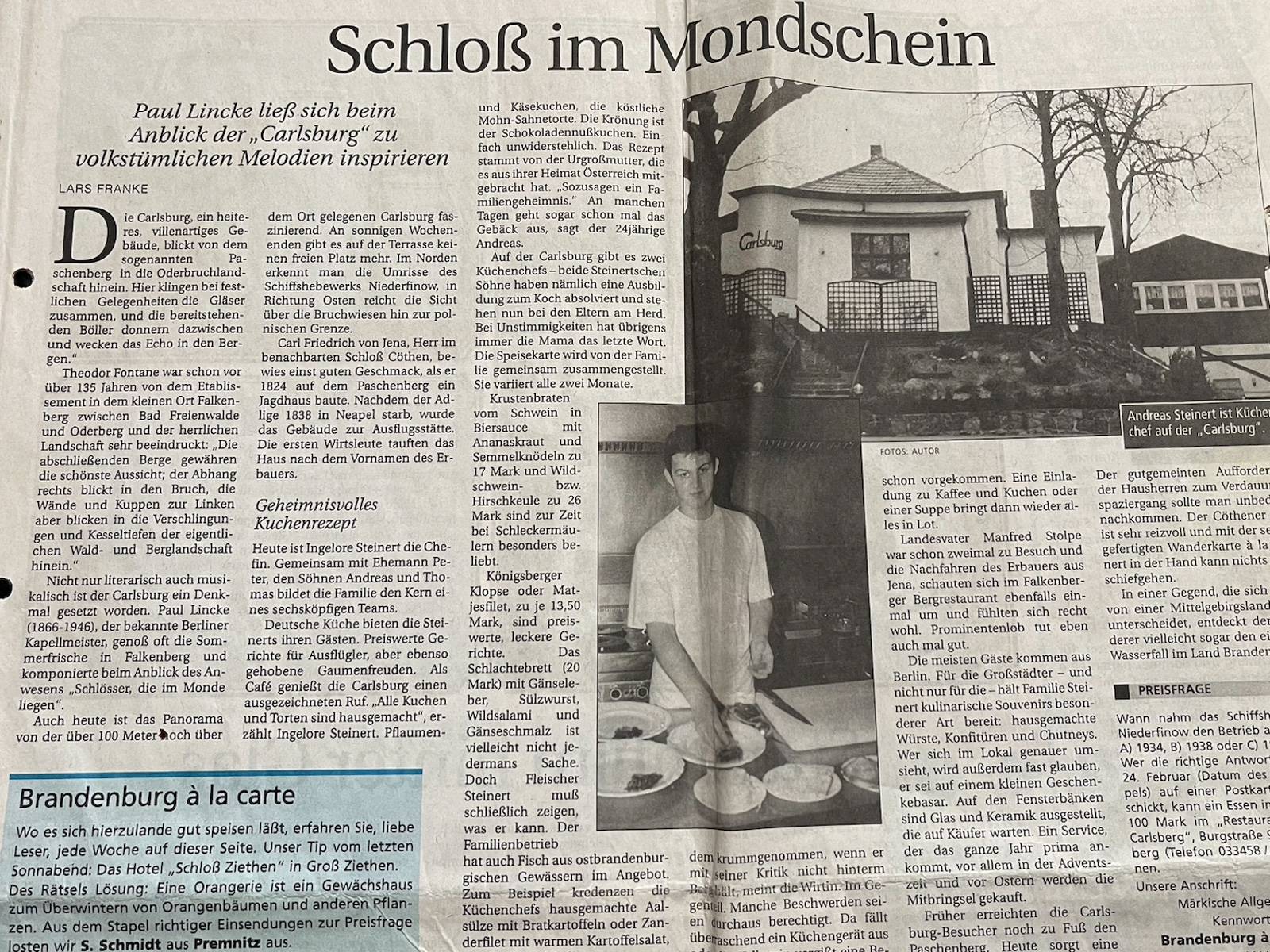 Zeitungsartikel Schloß im Mondstein - Vom Jagdhaus zum Restaurant